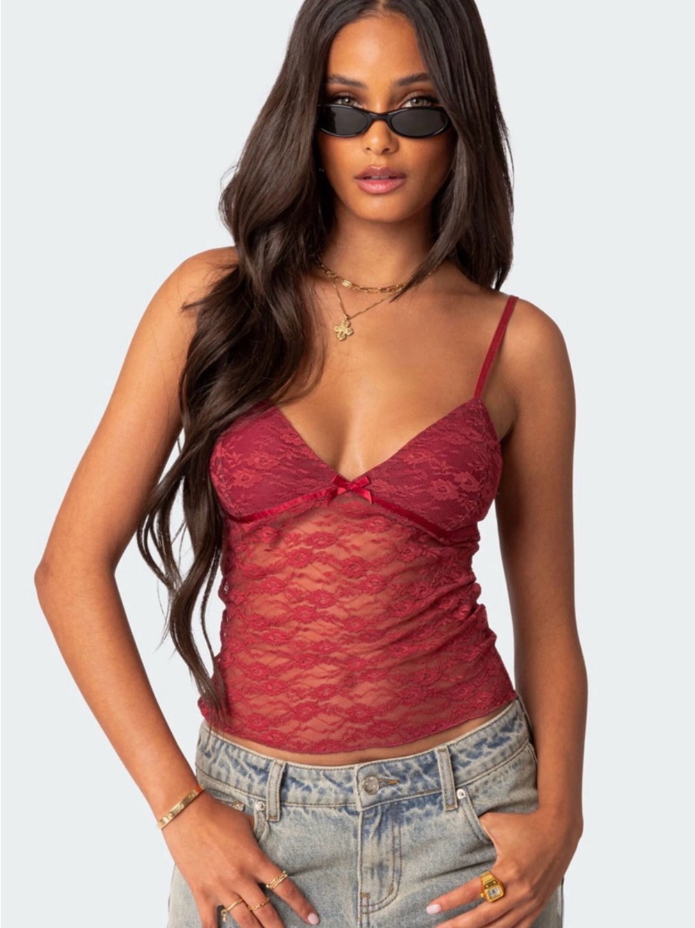 Edikted Burgundy Lace Sheer Tank Top